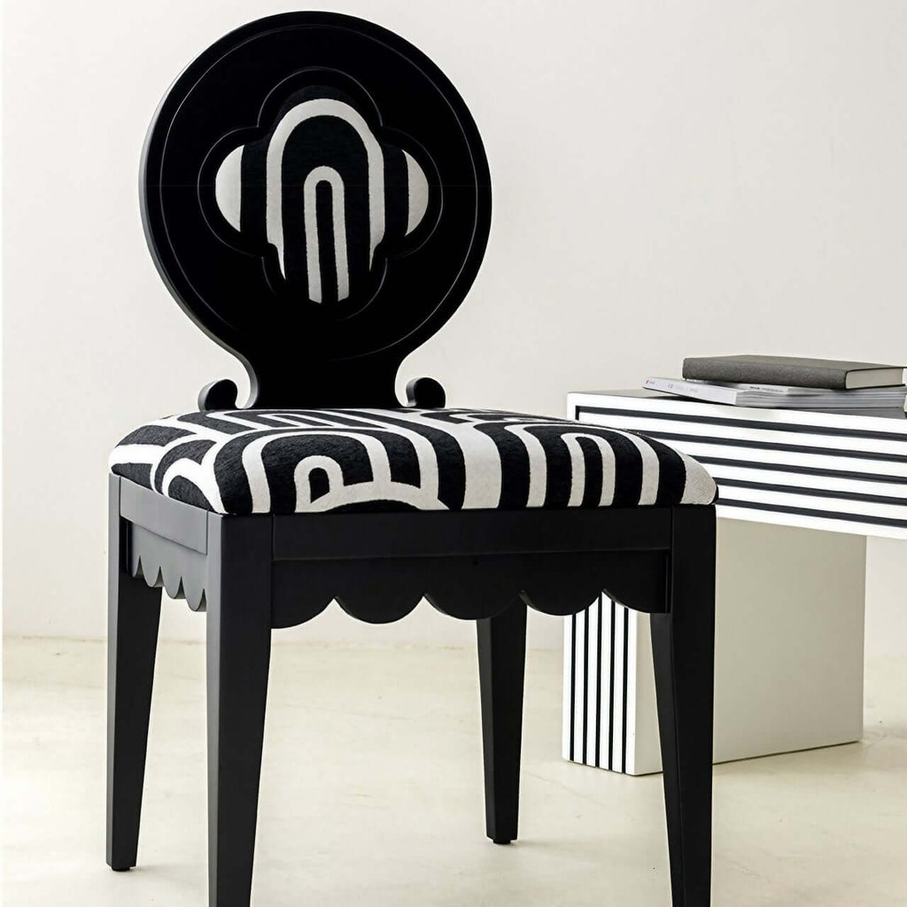 Single dining chair with black and white velvet plum blossom backrest and high-grade jacquard fabric