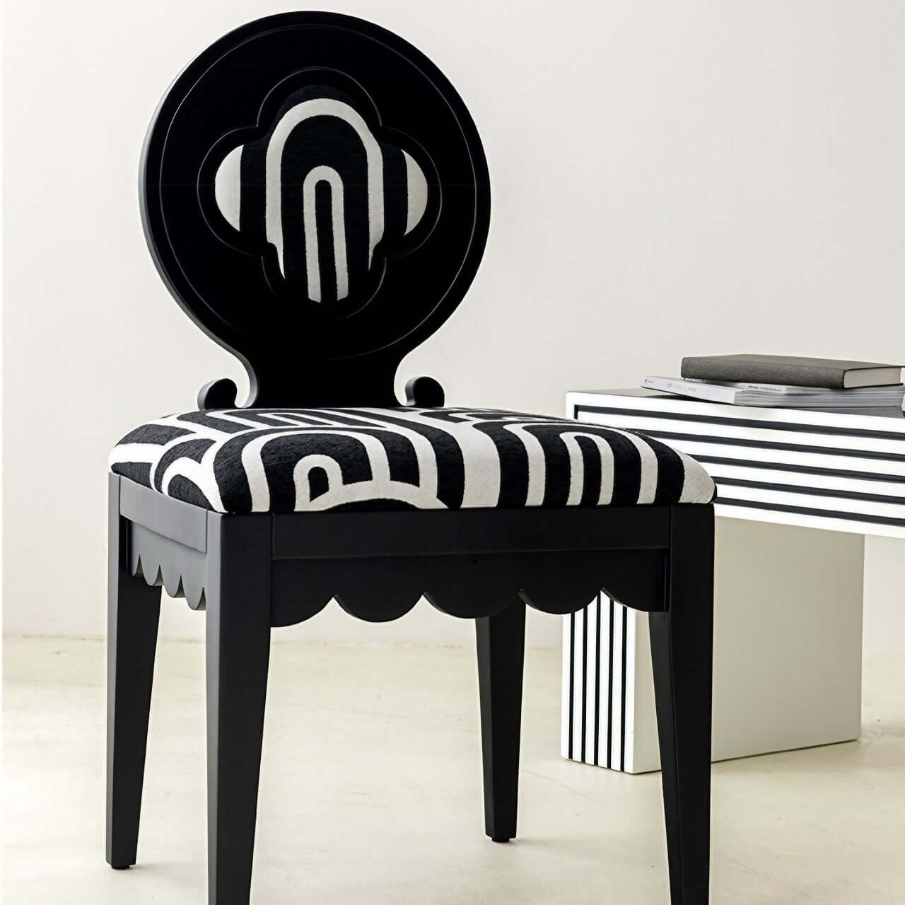 Single dining chair with black and white velvet plum blossom backrest and high-grade jacquard fabric