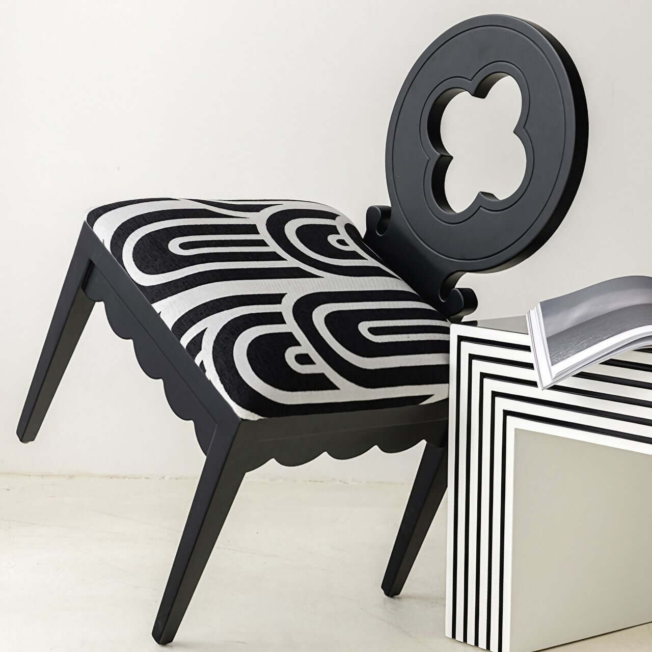 Single dining chair with black and white velvet plum blossom backrest and high-grade jacquard fabric