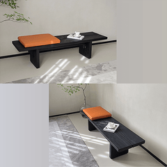Black Ash Wood Bench with Geometric Metal Legs, Nordic Style
