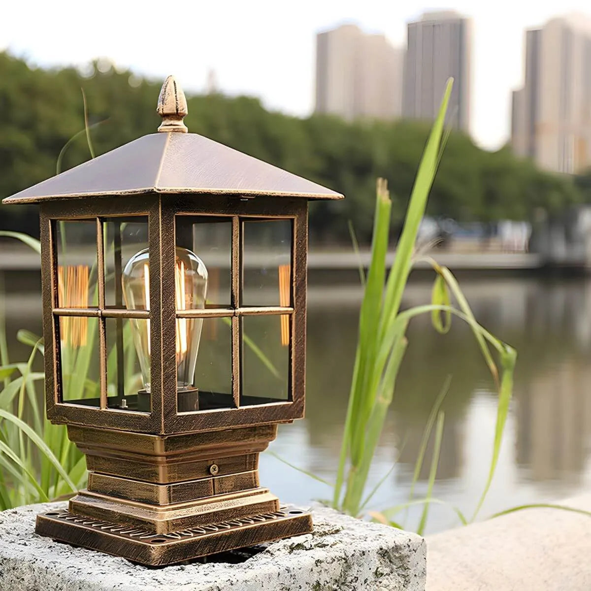 Black Bronze Metal Lantern Outdoor Table Light with Clear Glass Shade