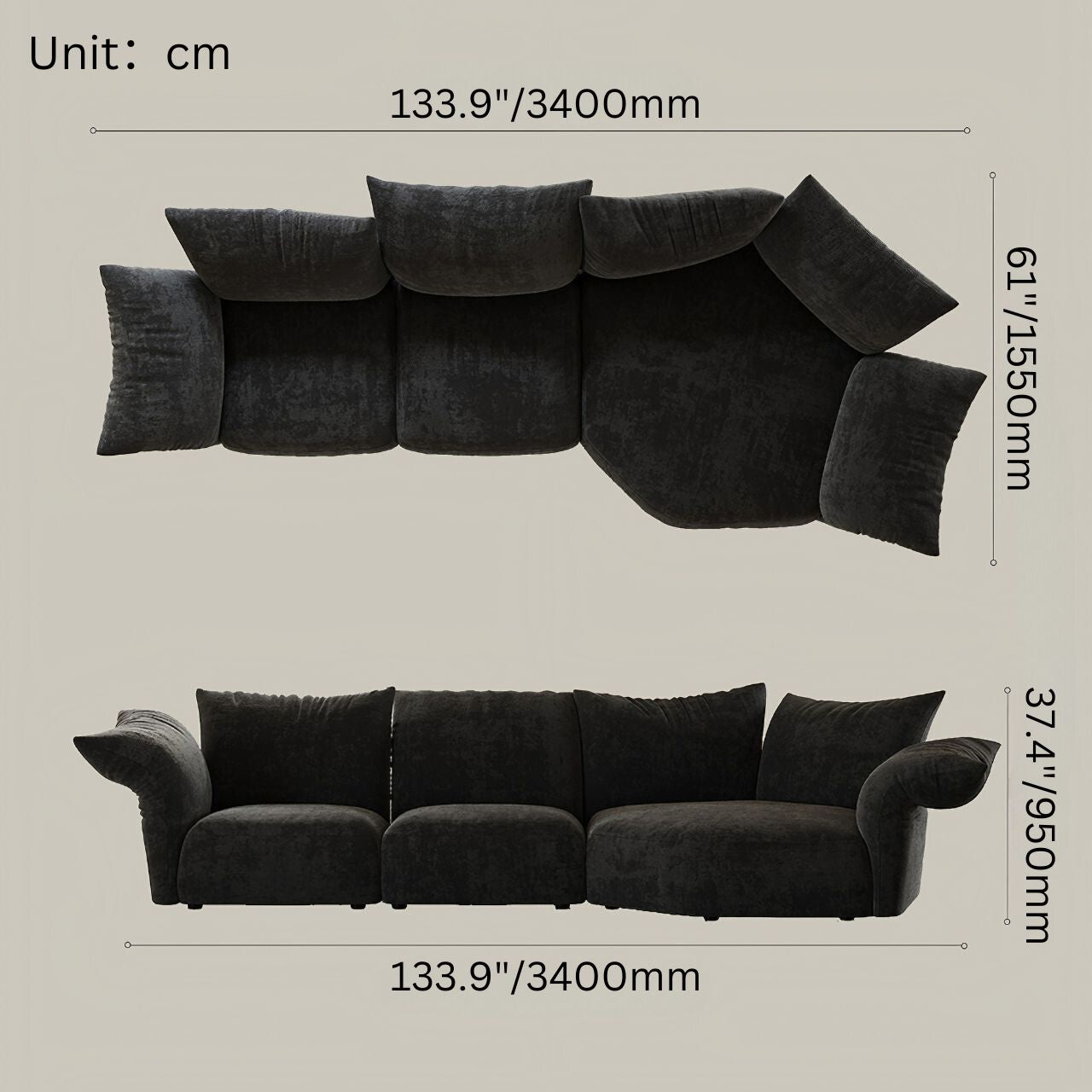 Chenille petal-shaped sofa in black with multiple seats for casual and comfortable home furniture