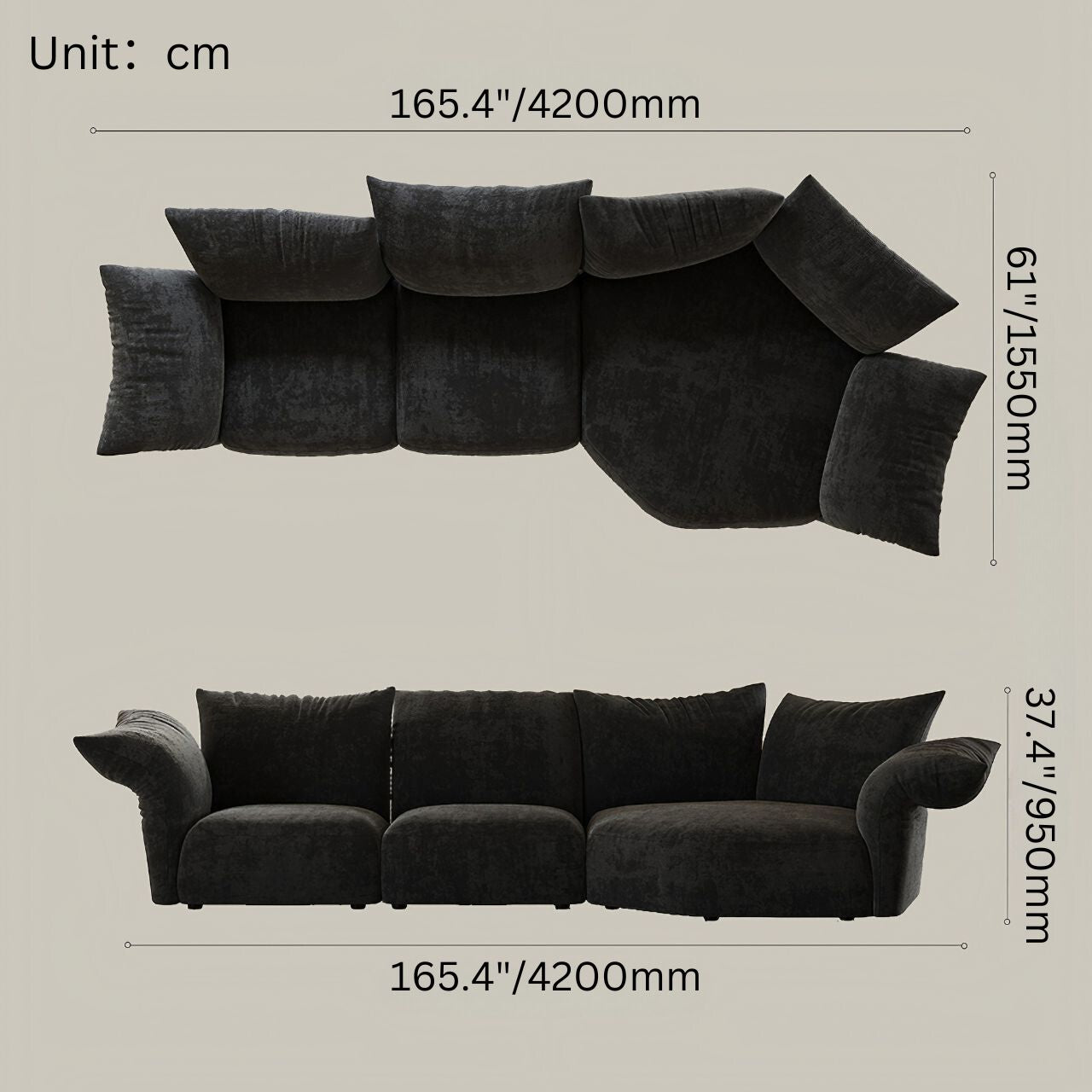Black chenille minimalist sofa featuring petal-shaped design and multi-seater option for casual living