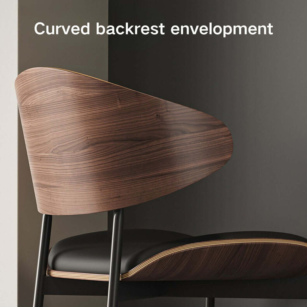 Black leather single dining chair with curved back, durable and minimalist luxury design