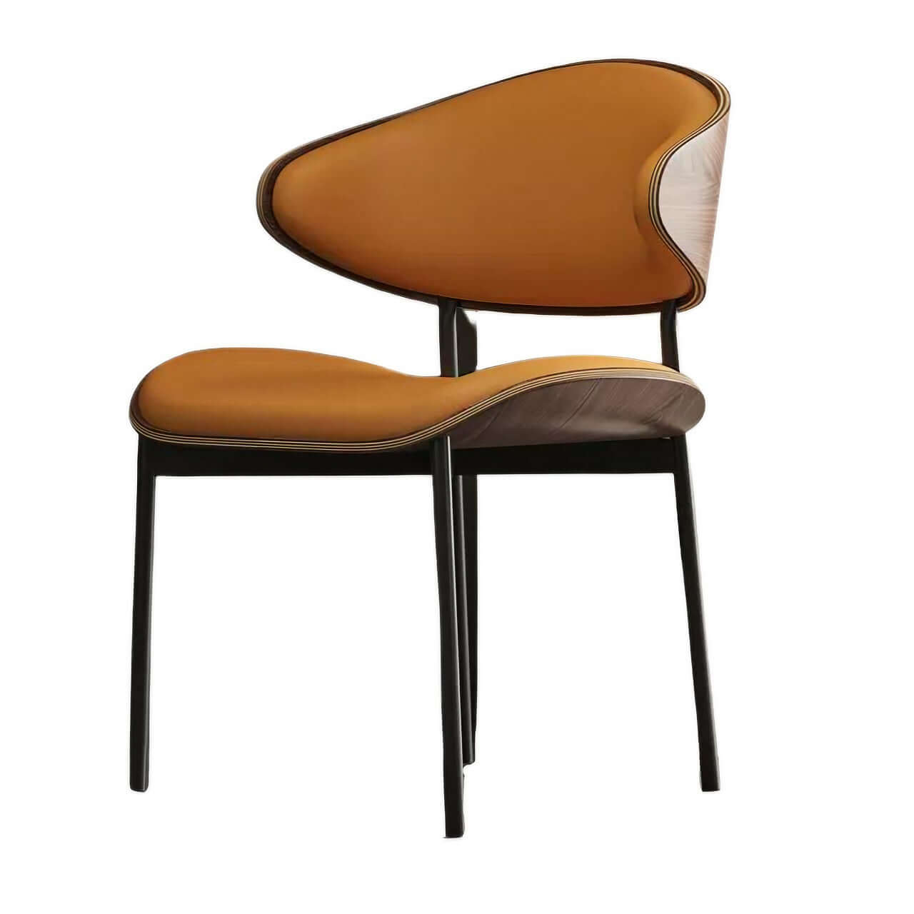 Black leather single dining chair with curved back, durable and minimalist luxury design