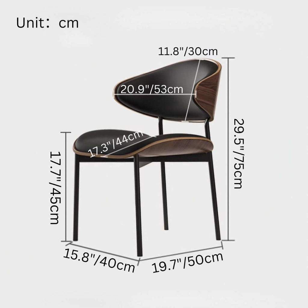 Black leather single dining chair with curved back, durable and minimalist luxury design dimensions
