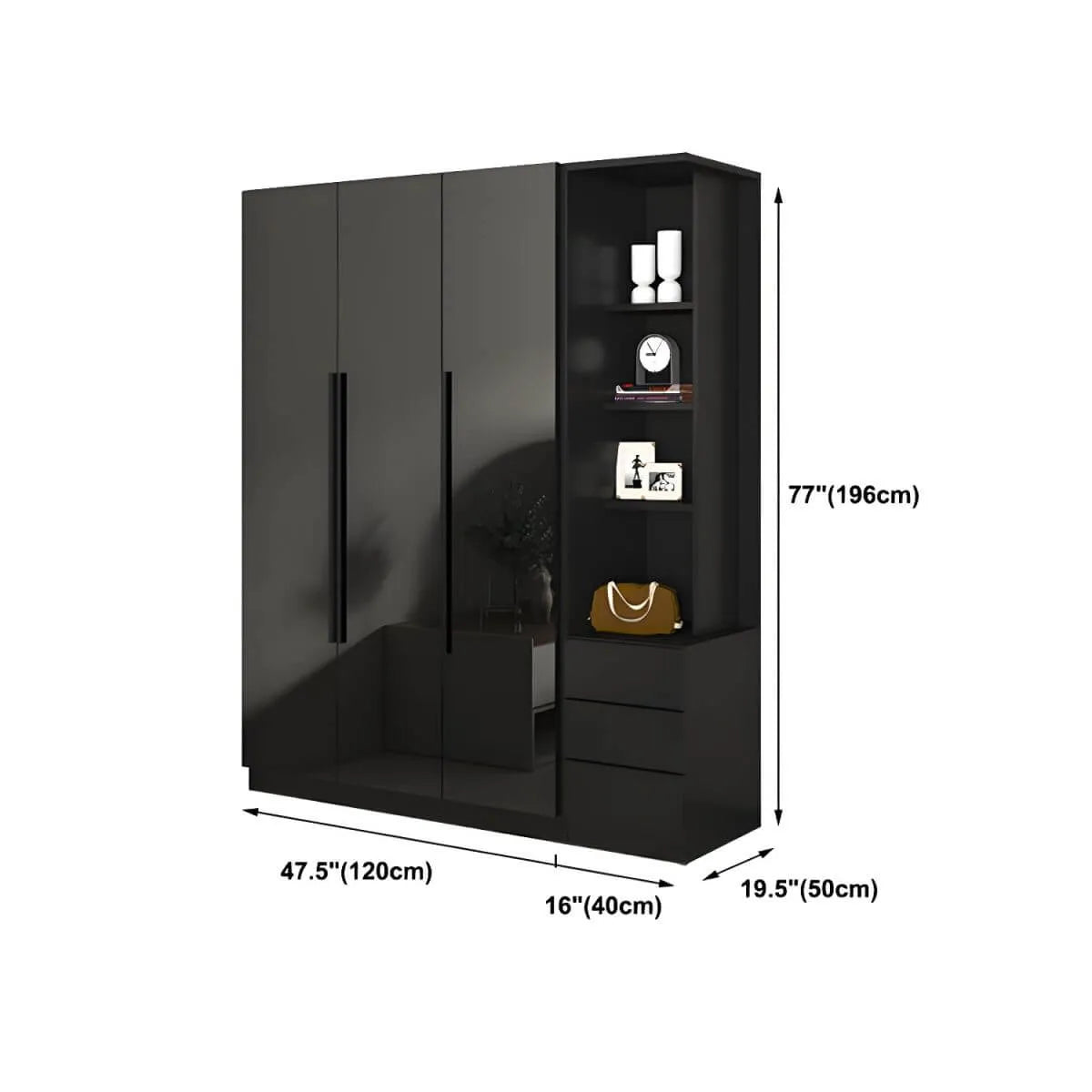 Black Glass Display Wardrobe Armoire With Soft-Close Storage Dimensions