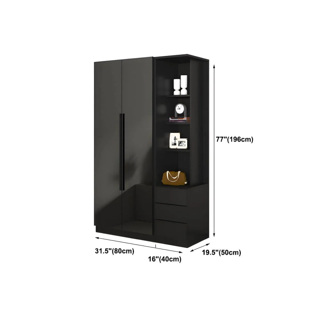 Black Glass Display Wardrobe Armoire With Soft-Close Storage Dimensions