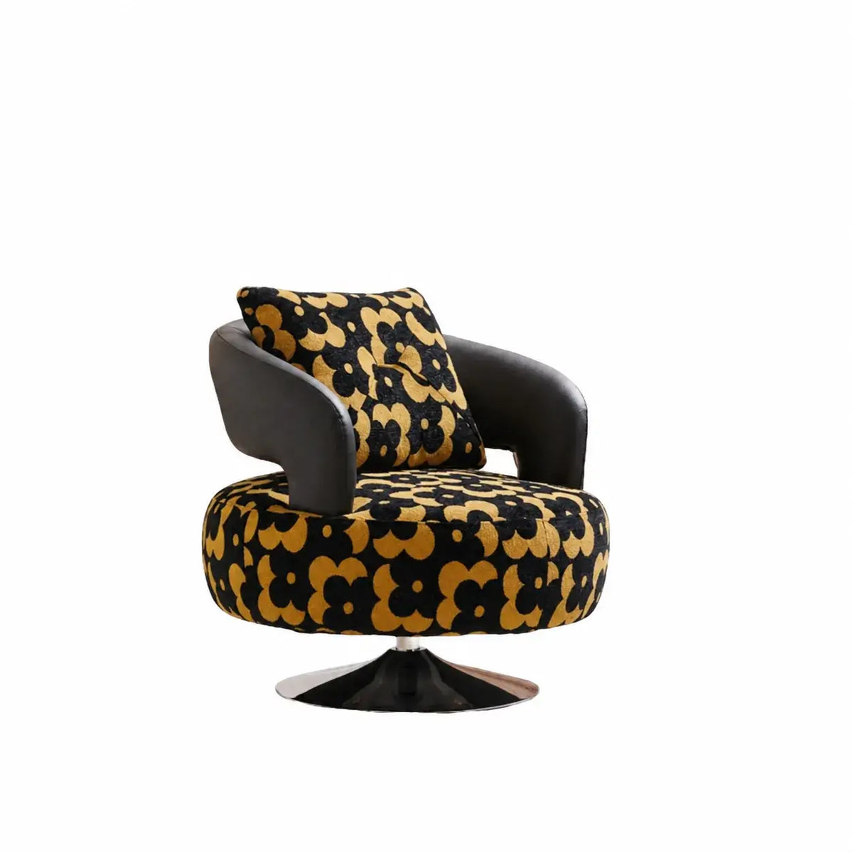 Black Gold Jacquard Swivel Chair with Leather Accent Sculptural Lounge Seating