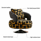 Black Gold Jacquard Swivel Chair with Leather Accent Sculptural Lounge Seating