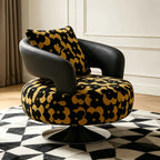 Black Gold Jacquard Swivel Chair with Leather Accent Sculptural Lounge Seating