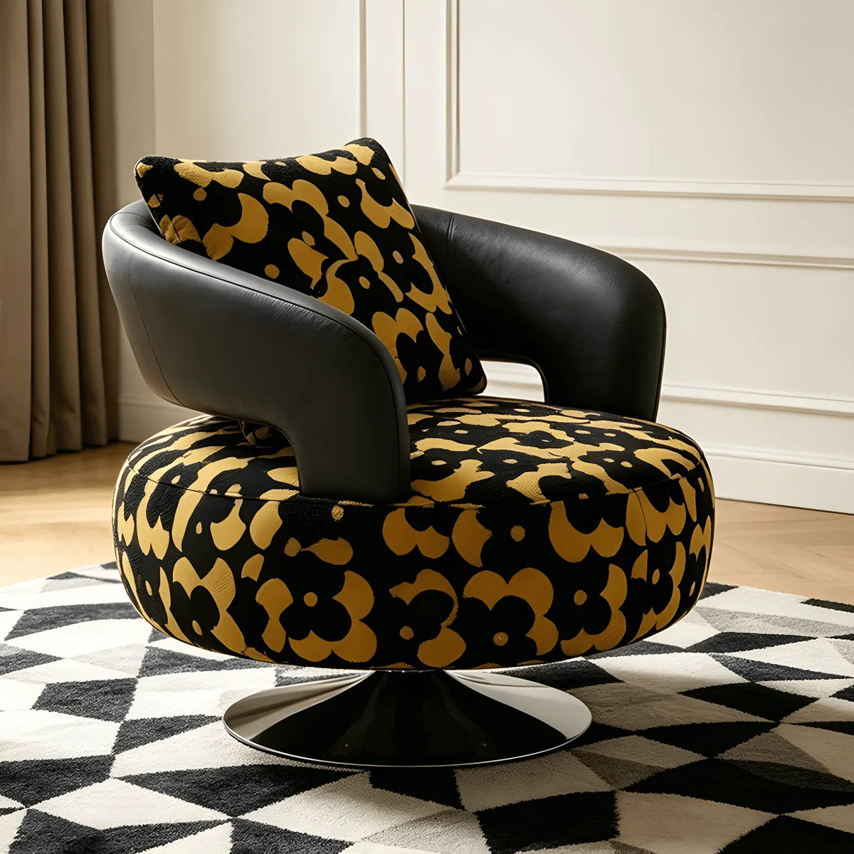 Black Gold Jacquard Swivel Chair with Leather Accent Sculptural Lounge Seating