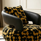Black Gold Jacquard Swivel Chair with Leather Accent Sculptural Lounge Seating
