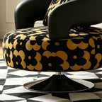Black Gold Jacquard Swivel Chair with Leather Accent Sculptural Lounge Seating
