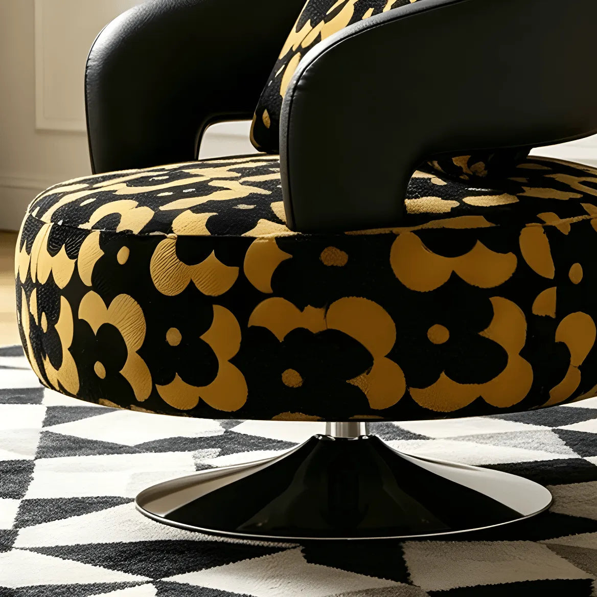 Black Gold Jacquard Swivel Chair with Leather Accent Sculptural Lounge Seating