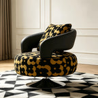 Black Gold Jacquard Swivel Chair with Leather Accent Sculptural Lounge Seating
