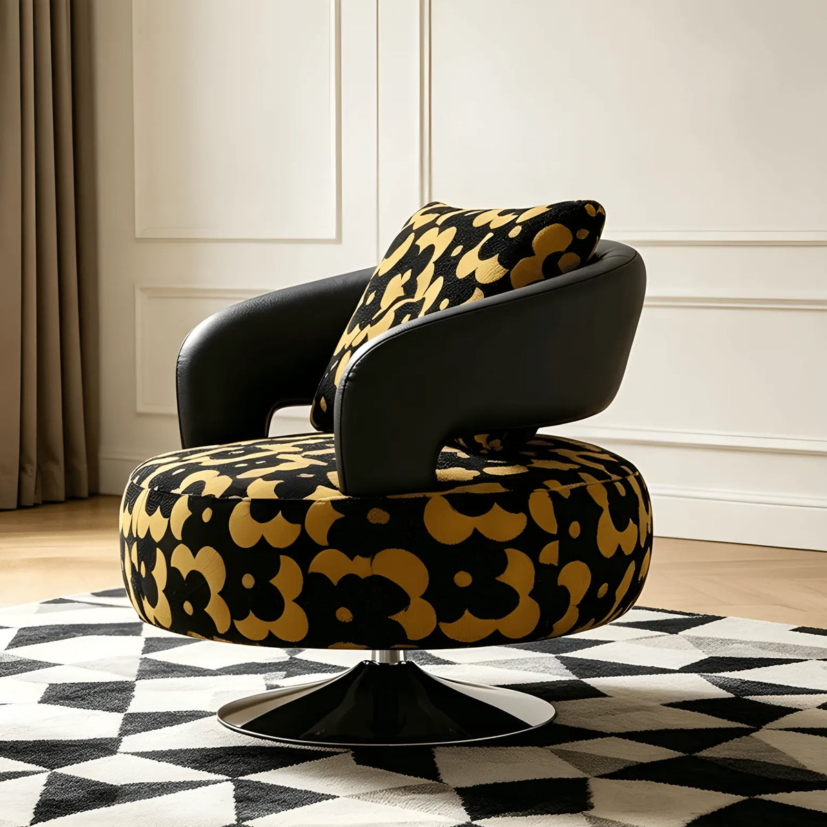 Black Gold Jacquard Swivel Chair with Leather Accent Sculptural Lounge Seating