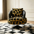 Black Gold Jacquard Swivel Chair with Leather Accent Sculptural Lounge Seating