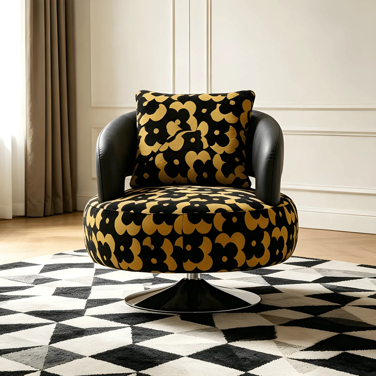 Black Gold Jacquard Swivel Chair with Leather Accent Sculptural Lounge Seating