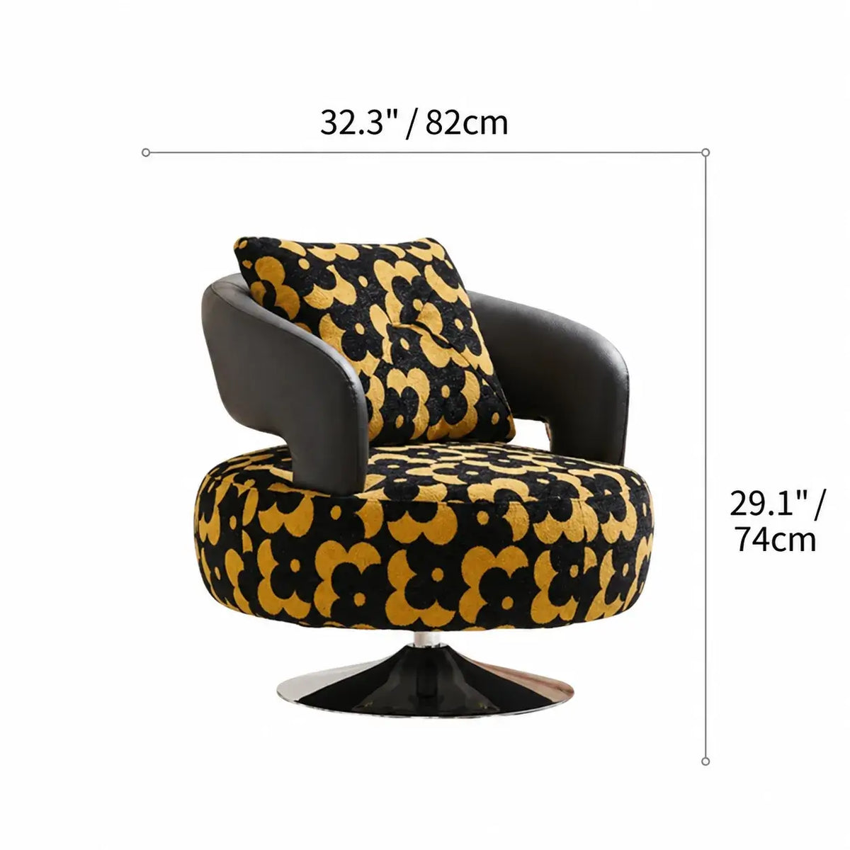 Black Gold Jacquard Swivel Chair with Leather Accent Sculptural Lounge Seating Dimensions