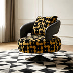 Black Gold Jacquard Swivel Chair with Leather Accent Sculptural Lounge Seating Main Product Image