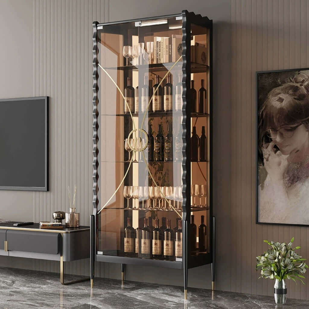 Black Modern Glass Display Cabinet with 5 Shelves