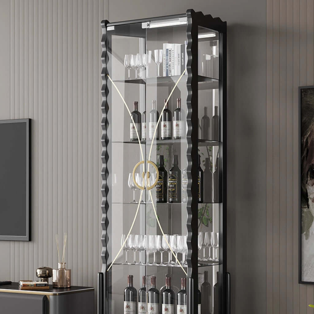 Black Modern Glass Display Cabinet with 5 Shelves