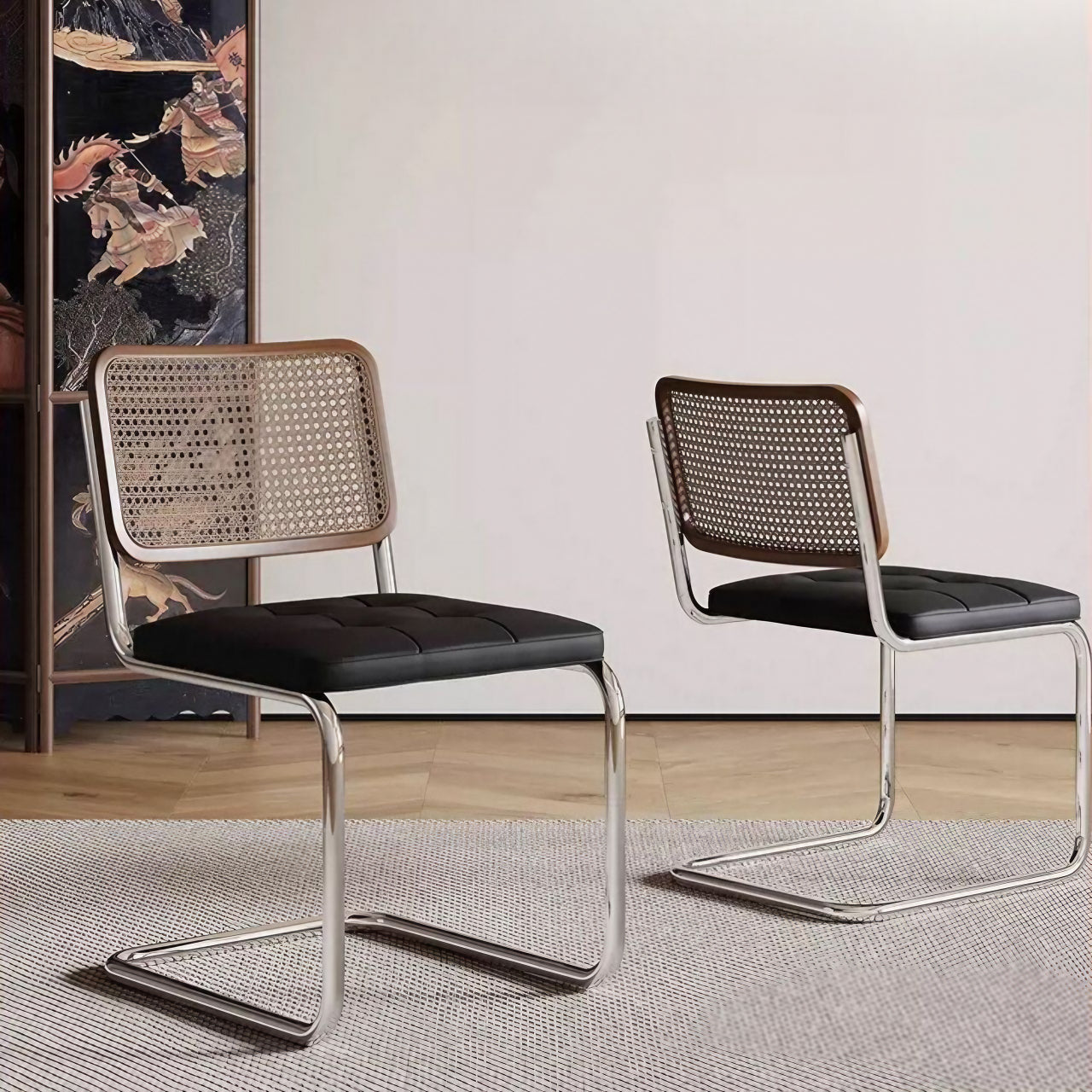 Elegant single retro chair with black PU leather and rattan design
