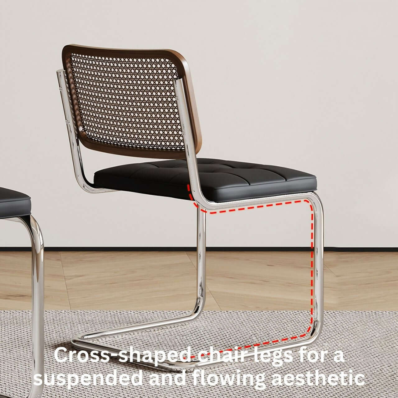 Vintage dining chair with black PU leather cushion and rattan back, single retro style