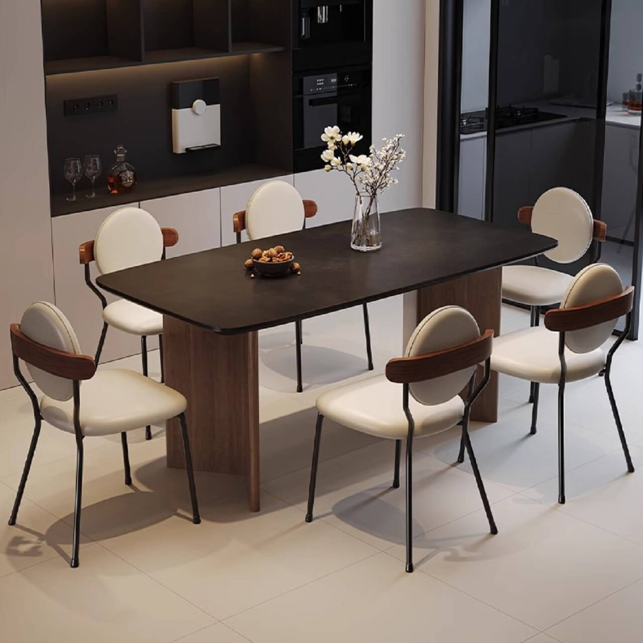 Vintage black rectangular dining table with rock tabletop and solid wood legs main product image Image principale du produit