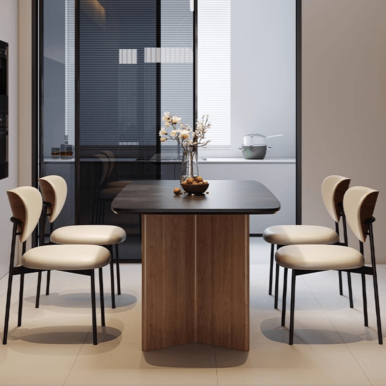 Table à manger vintage rectangulaire noire avec plateau en roche et pieds en bois massif Image secondaire du produit