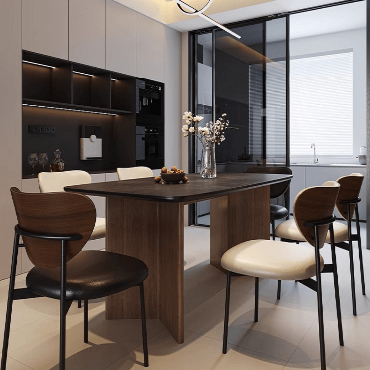 Vintage black rectangular dining table with rock tabletop and solid wood legs