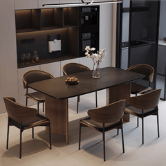 Vintage-style dining table with black rock tabletop and sturdy wooden legs