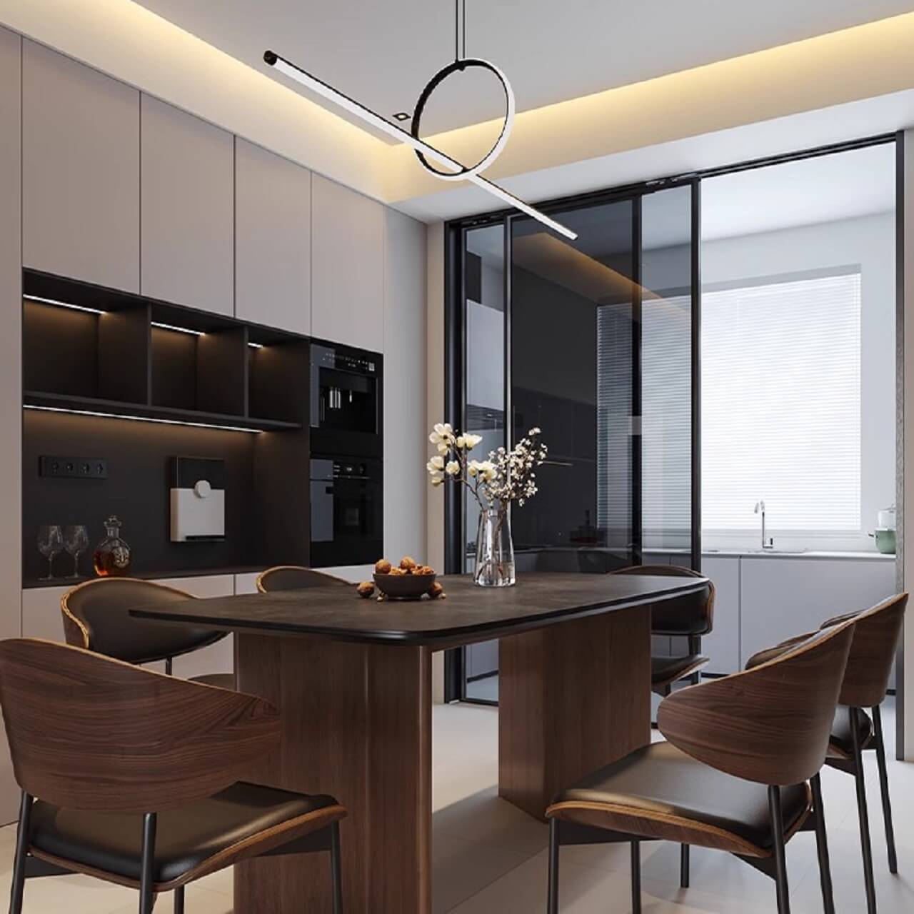 Vintage black rectangular dining table with rock tabletop and solid wood legs