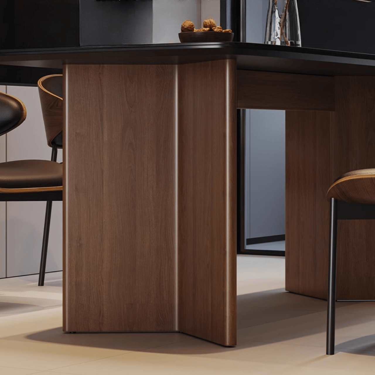 Vintage black rectangular dining table with rock tabletop and solid wood legs