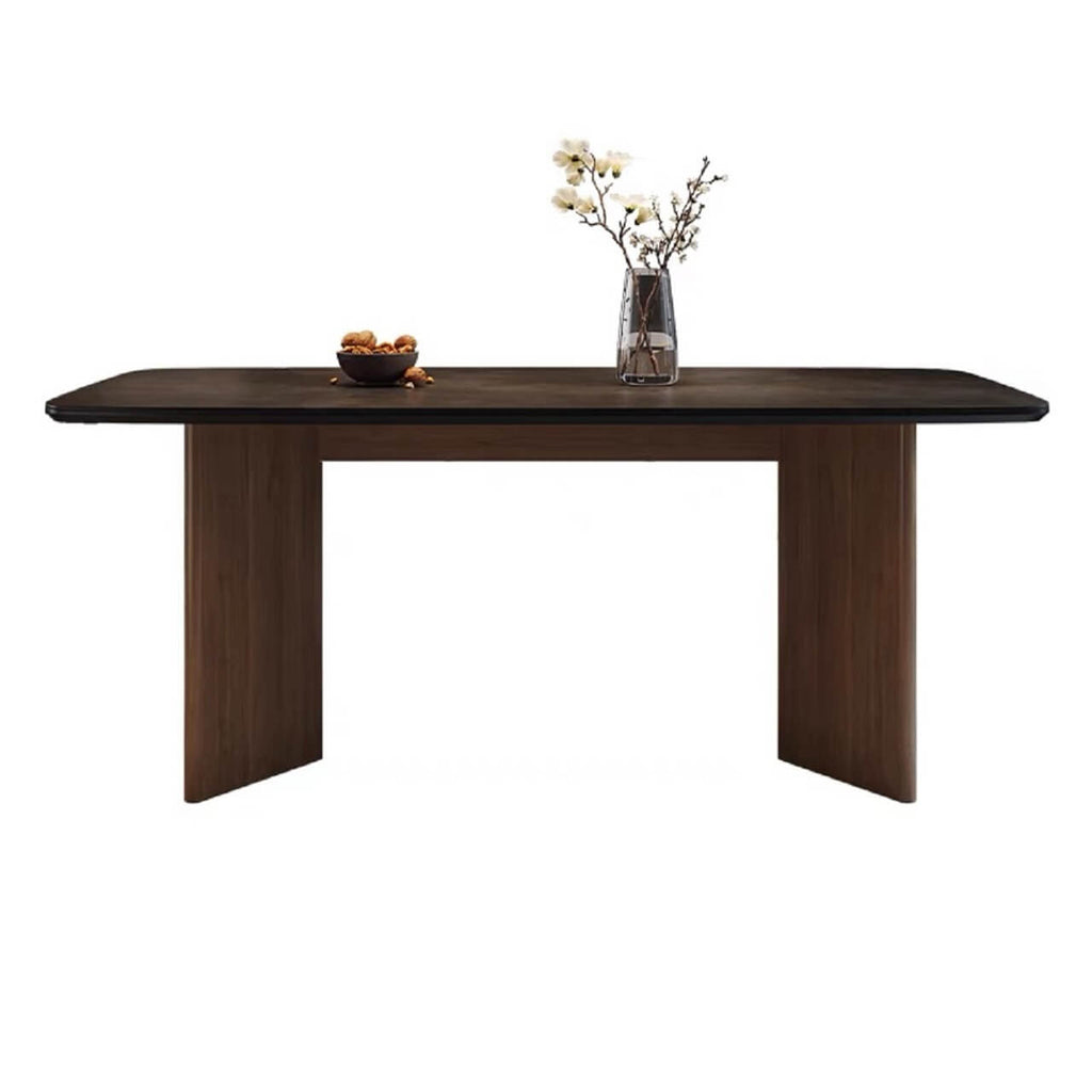 Vintage black rectangular dining table with rock tabletop and solid wood legs