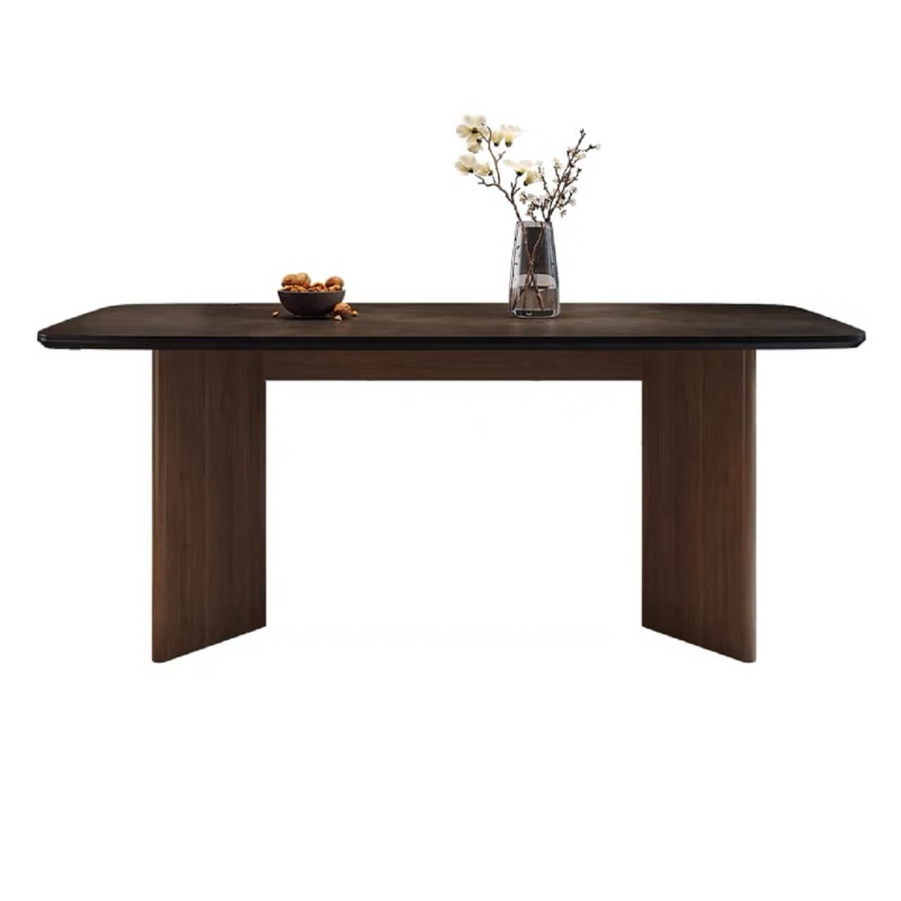 Vintage black rectangular dining table with rock tabletop and solid wood legs