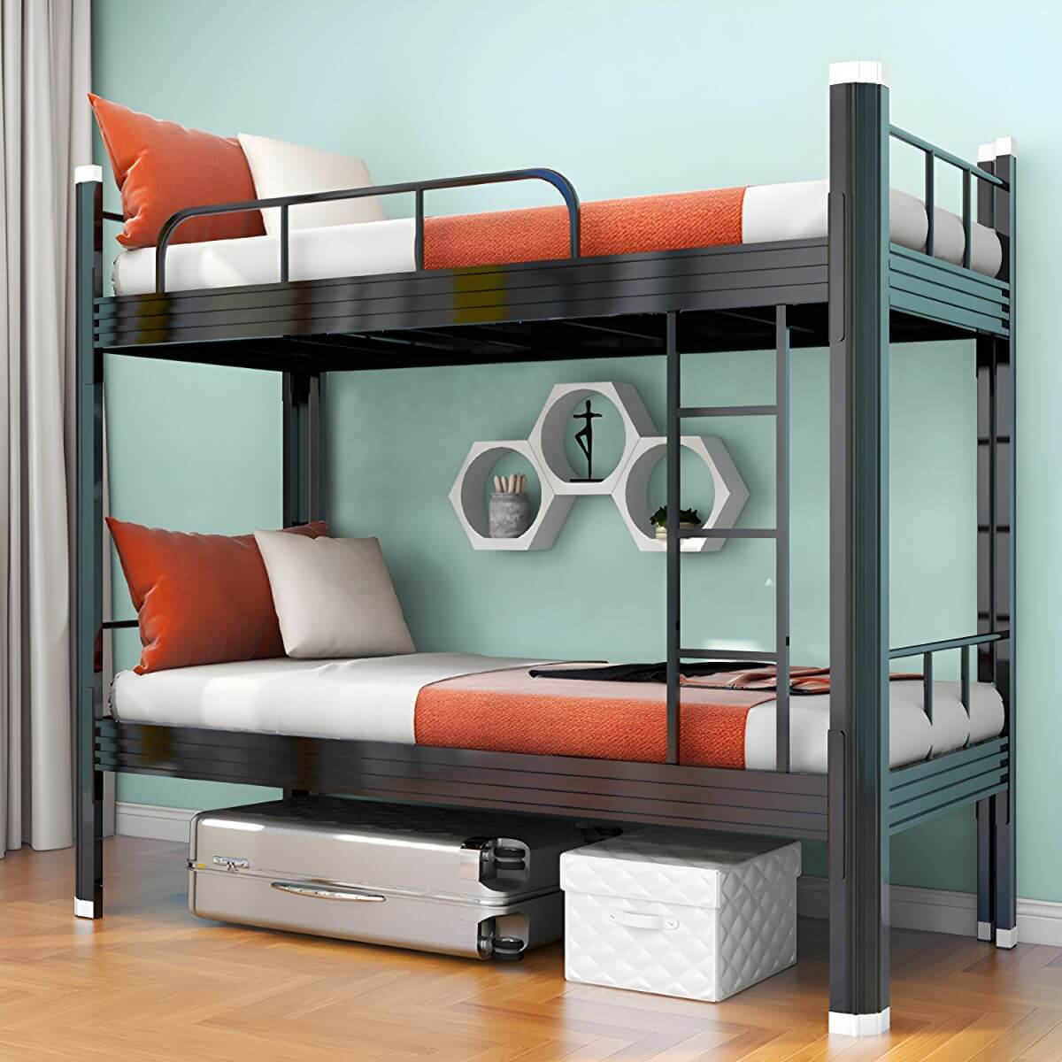 Black Scandinavian Metal Bunk Bed with Mattress for Kids