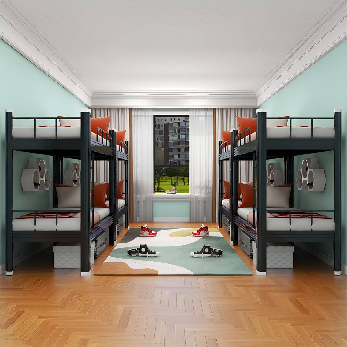 Black Scandinavian Metal Bunk Bed with Mattress for Kids