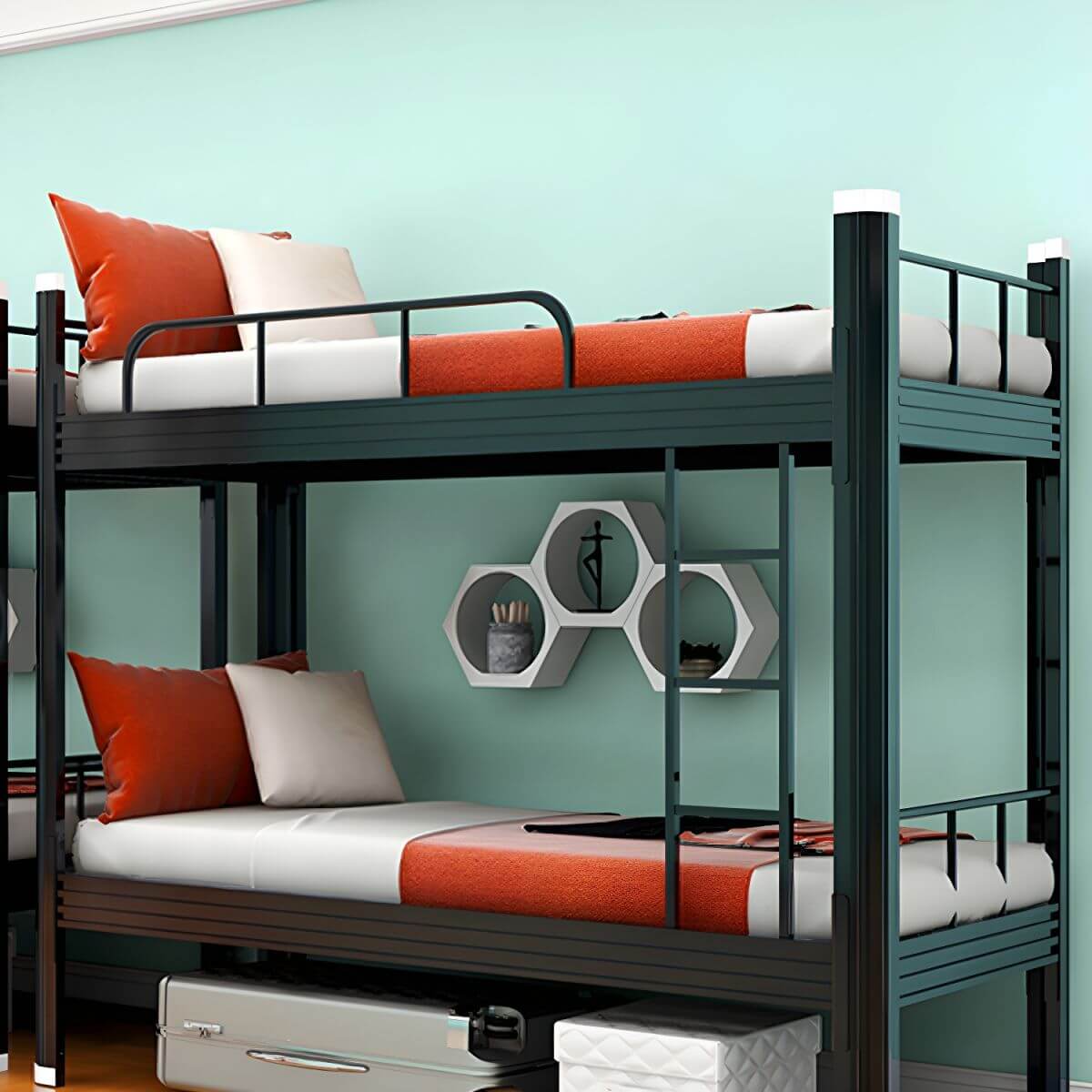 Black Scandinavian Metal Bunk Bed with Mattress for Kids