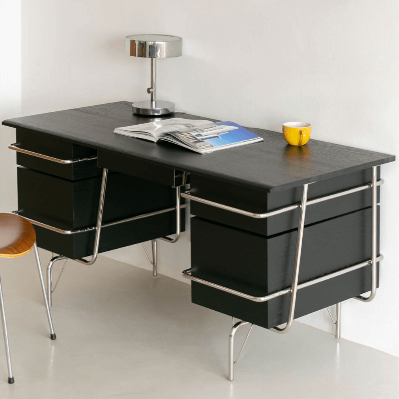 Black Trimline Wooden Desk with Chrome Frame & Drawers