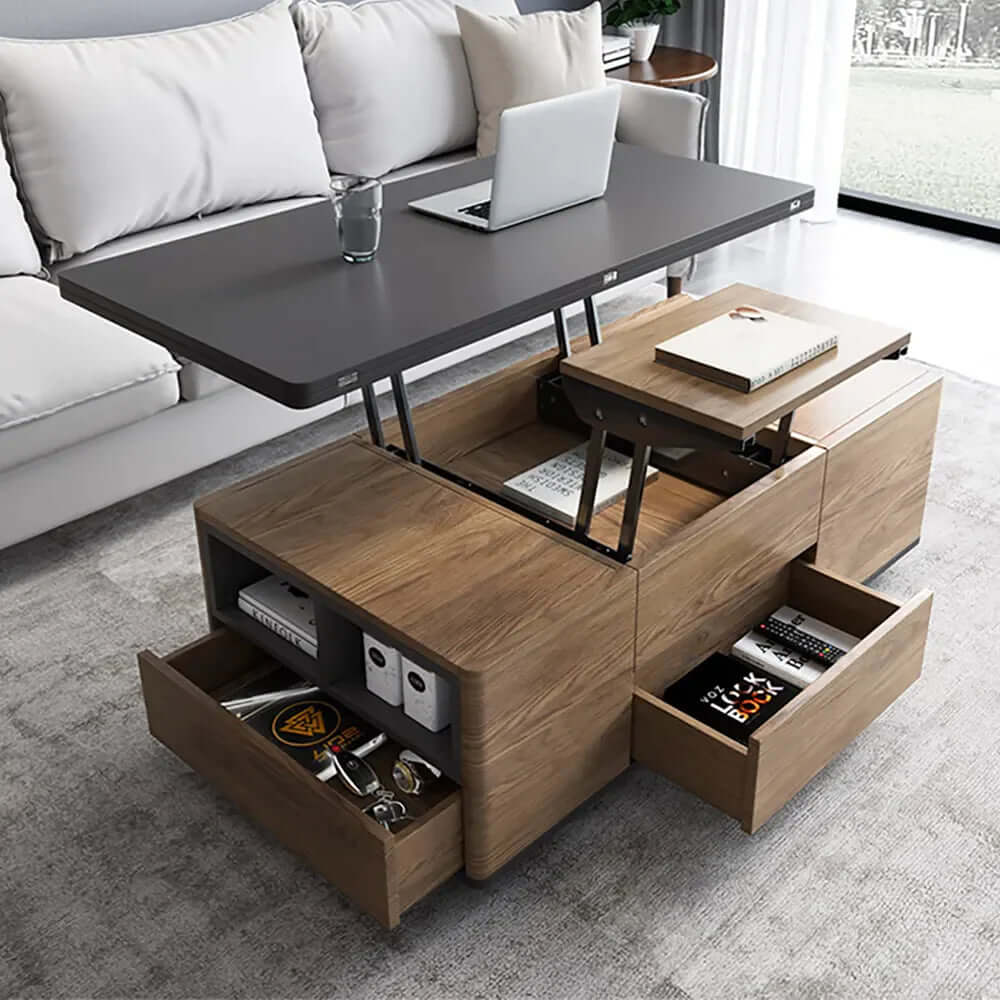 Black-Walnut Convertible Coffee Table with Storage Drawers