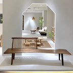 Black Walnut Wood Indoor Bench, Sculptural Entryway Bench With Windsor Back