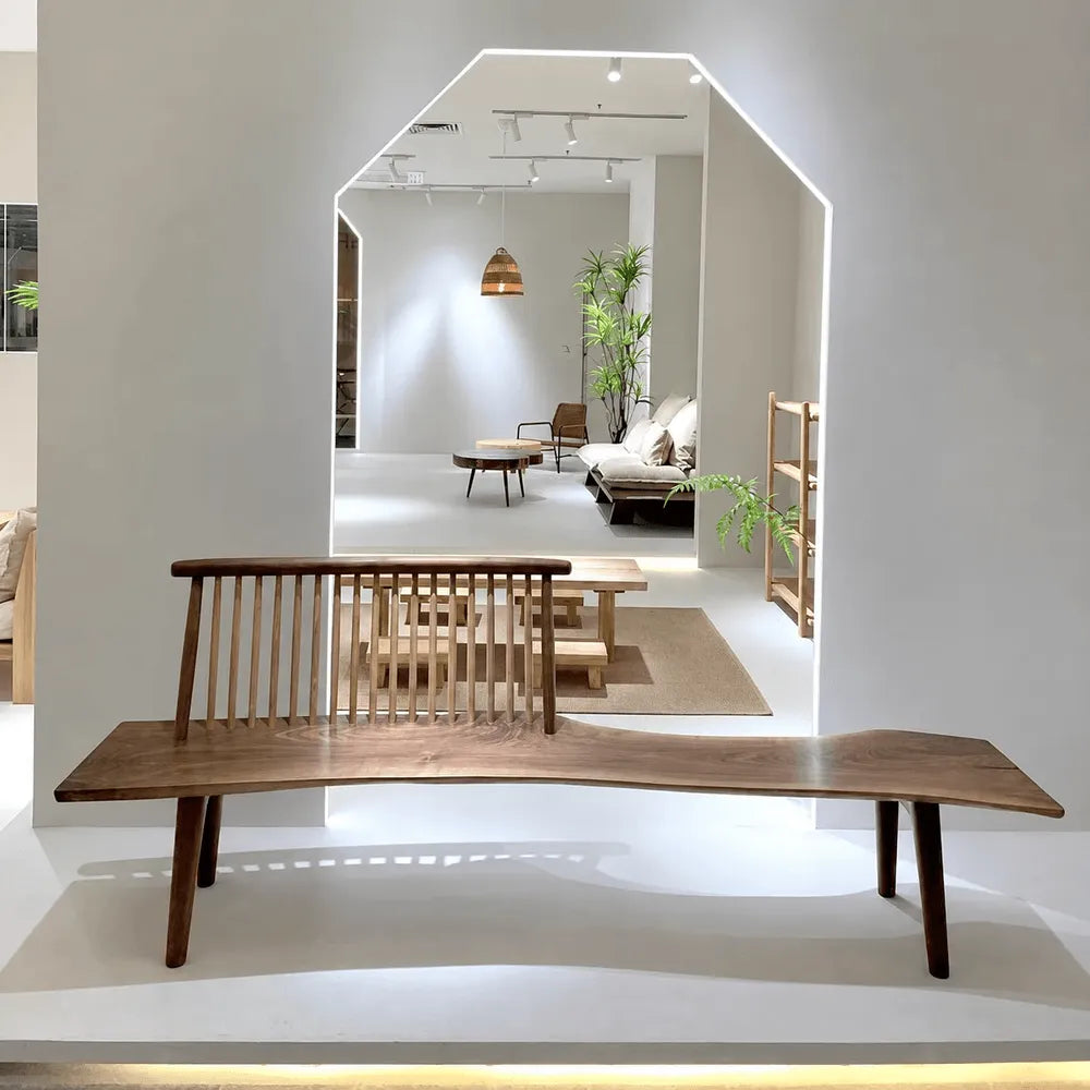 Black Walnut Wood Indoor Bench, Sculptural Entryway Bench With Windsor Back