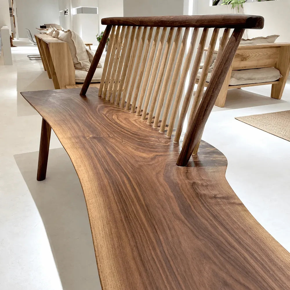 Black Walnut Wood Indoor Bench, Sculptural Entryway Bench With Windsor Back
