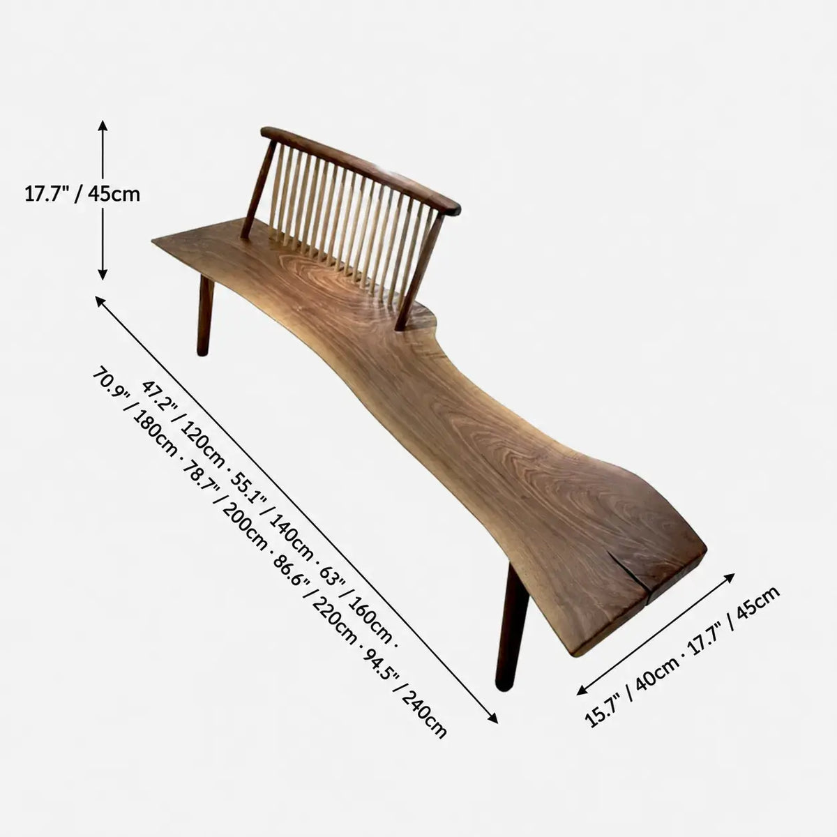 Black Walnut Wood Indoor Bench, Sculptural Entryway Bench With Windsor Back Dimensions
