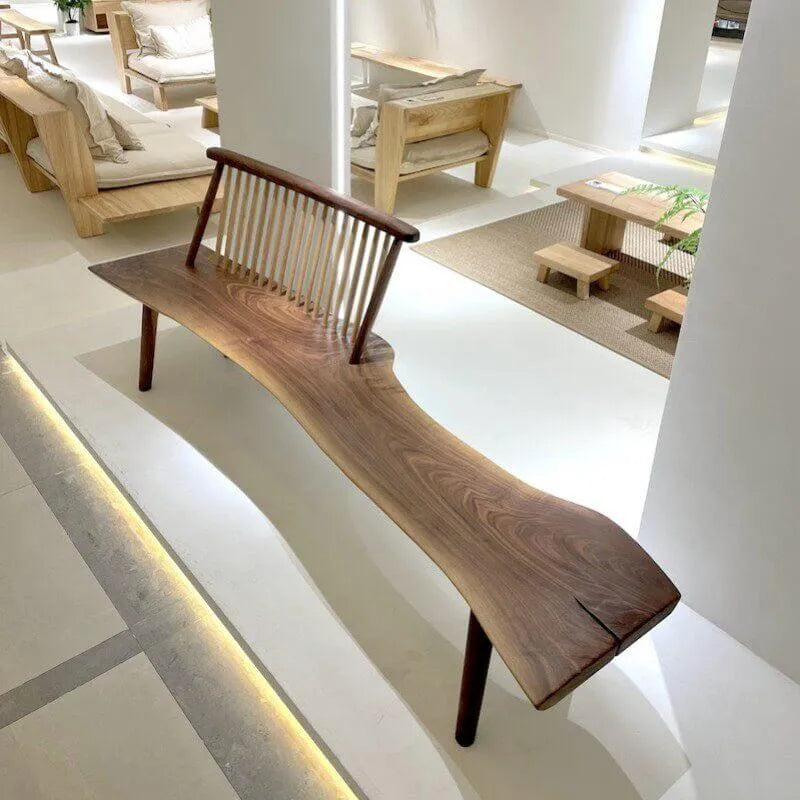 Black Walnut Wood Indoor Bench, Sculptural Entryway Bench With Windsor Back Main Product Image Main image
