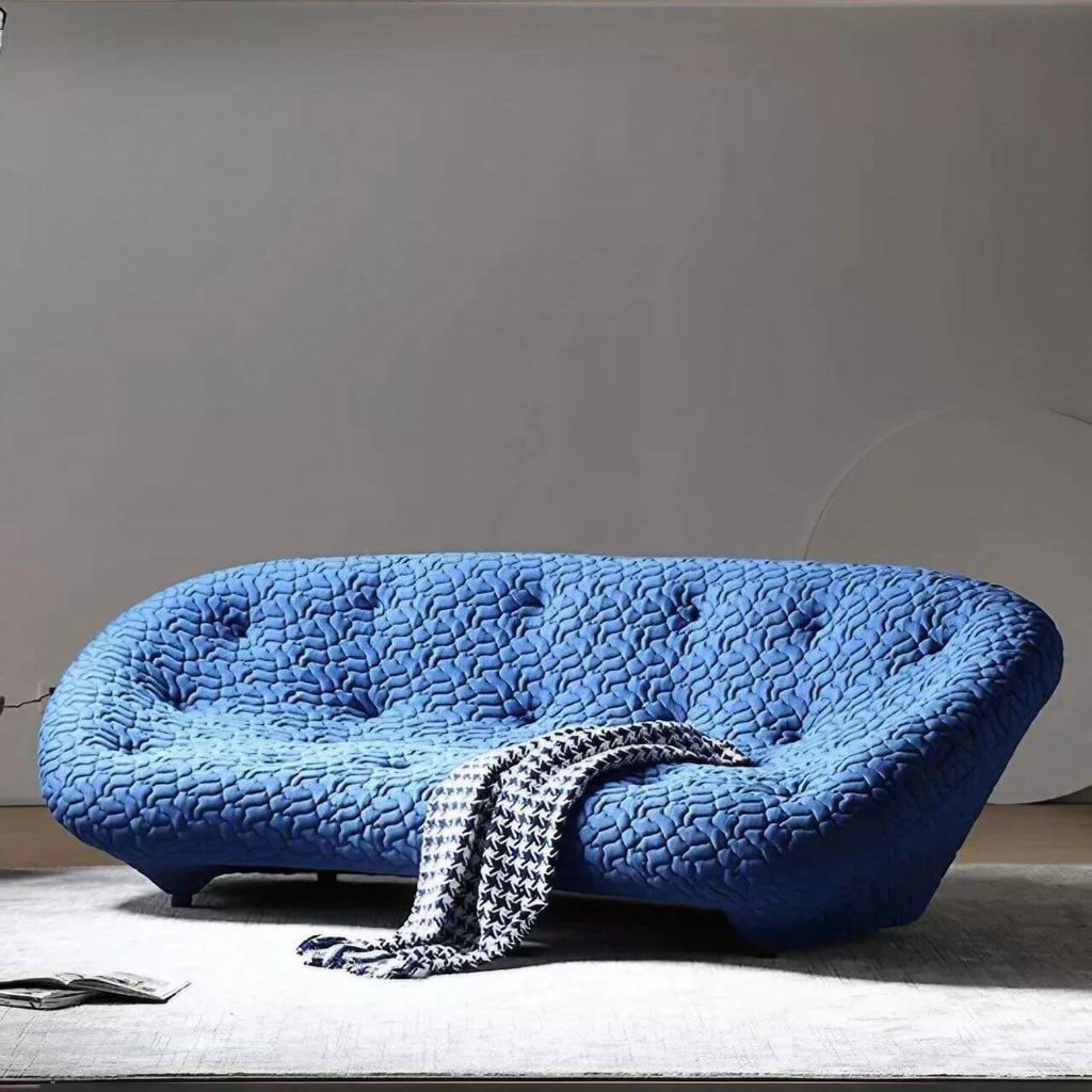 Blue minimalist shell sofa with 5D spacer fabric, multi-seater curved couch featuring soft cushions