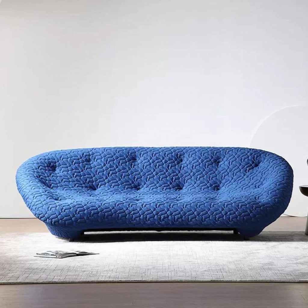 Blue minimalist shell sofa with 5D spacer fabric, multi-seater curved couch featuring soft cushions