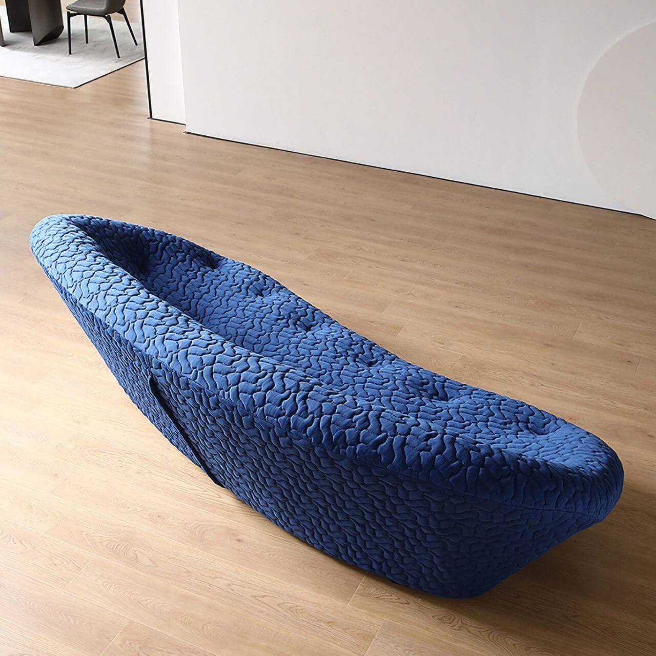 Blue minimalist shell sofa with 5D spacer fabric, multi-seater curved couch featuring soft cushions